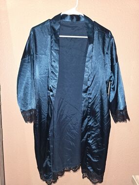 Open-Front Satin Kimono Jacket in Deep Teal